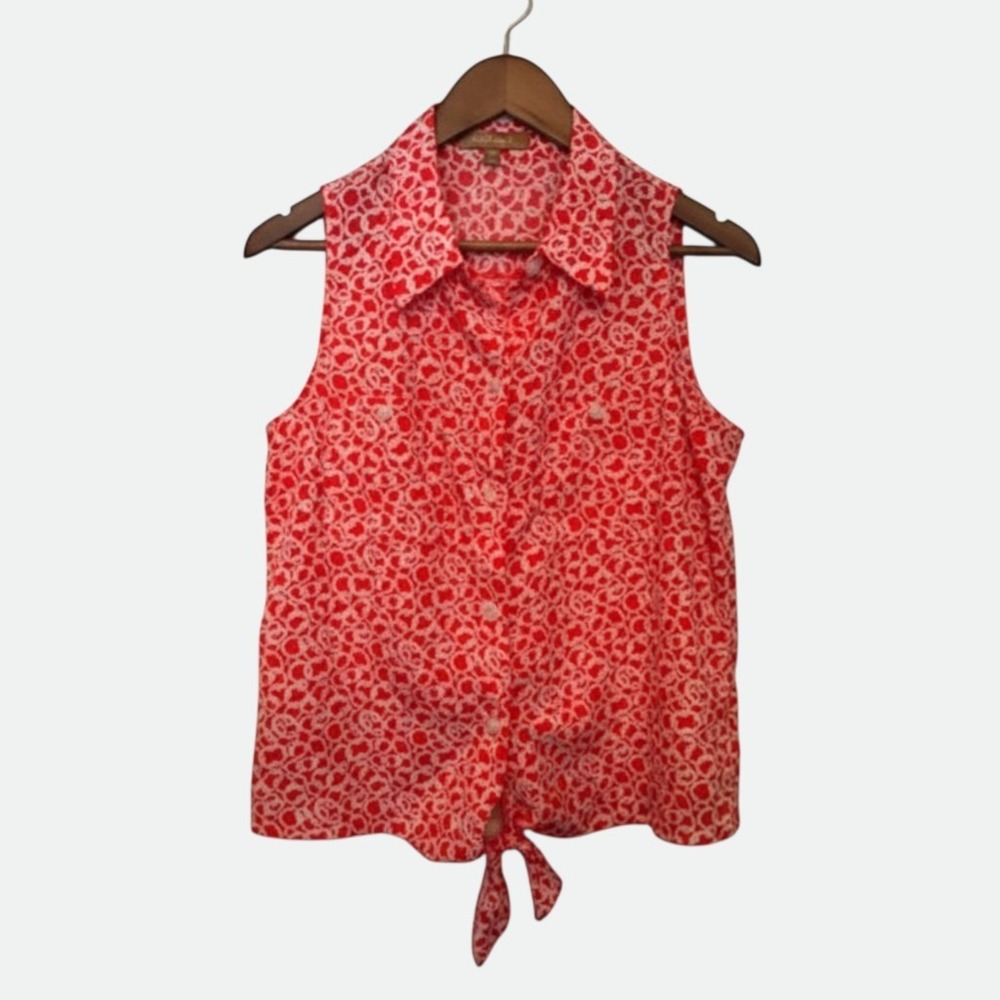 Ellen Tracy Orange & White Chain Link Print Sleeveless Tie Front Top Size M